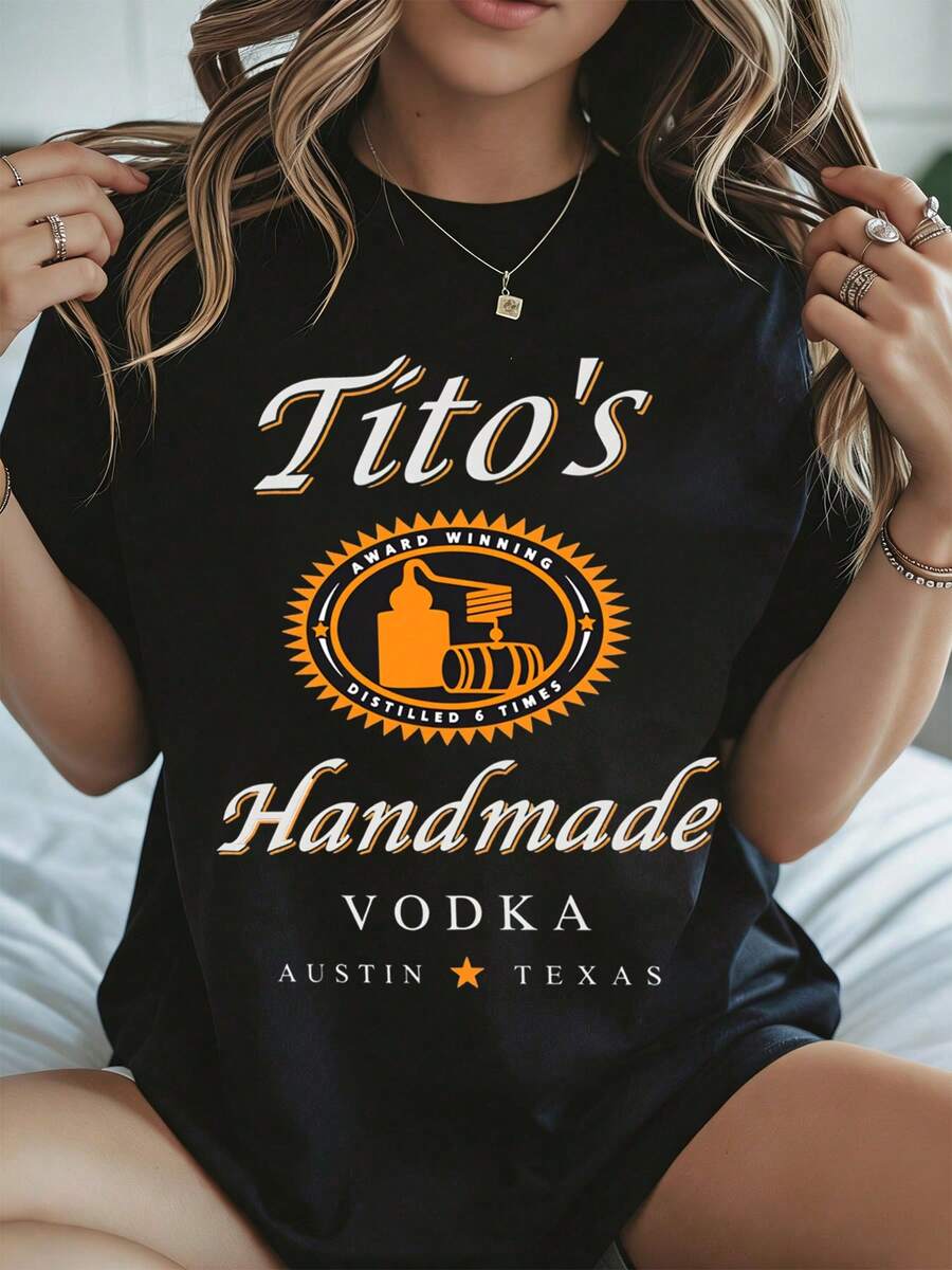 T-Shirt Summer Holiday Tito's Handmade Vodka Austin Texas Logo Print Black Casual Wear For Women Summer Season - Black - View 1