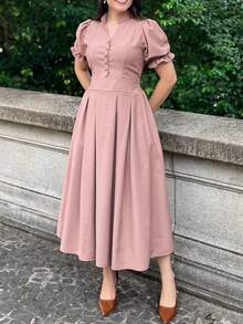 Marrant Midi Dress With Puff Sleeves, Princess Style, Elegant Sensual Fabric, Evangelical Fashion, Women's, Flared Waist, Front Buttons, Casual Chic, Sizes M To XL - 玫瑰/裸色 - 查看 4