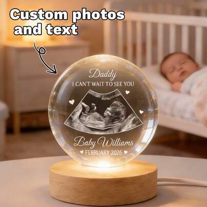 1 pieza Bola de cristal 3D personalizada con foto de bebé y nombre, esfera de cristal personalizada con base de madera con luz, imagen de ultrasonido conmemorativa, luz nocturna para la guardería, regalo de bautizo para bebé, regalo para mamá primeriza, recuerdo para recién nacido, decoración para maternidad