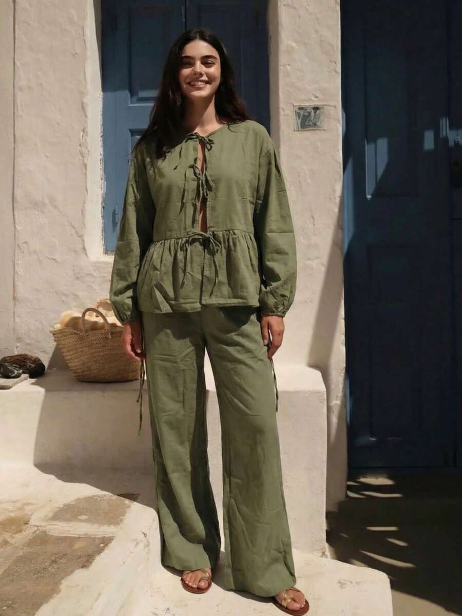 女士时尚休闲度假风绿色镂空系带长袖衬衫搭配高腰阔腿裤两件套，通勤套装，沙滩装春季必备 - 墨綠色 - 查看 1