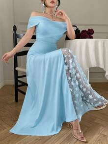 abyoxi Đầm maxi nữ màu xanh nhạt gợi cảm, hở vai, sang trọng với họa tiết hoa 3D, thanh lịch và lãng mạn, thích hợp cho mùa tựu trường, ngày Valentine, mùa xuân và mùa hè. - xanh nhạt - Xem 4