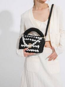 1pc Handmade Woven Punk Style Black & White Plaid Shoulder Bag, Chain Crossbody Bag, Versatile Artistic Handbag, Detachable Chain, Large Capacity Square Bag, Suitable Gift For Girlfriend Or Best Friend - Multicolor - View 11