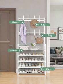 4-Tier/5-Tier Independent Metal Shoe Rack (Shoe Rack Material: Non-Woven Fabric), Can Be Used As Hat Rack, Multi-Function Outdoor Storage Rack, Independent Wardrobe Hanging Rack, Multi-Layer Indoor Shoe Rack, Equipped With 8 Stainless Steel Dual Hooks Shoe & Hat Combination Rack, 3-In-1 Space-Saving Storage Rack, Suitable For Bedroom, Living Room, Behind The Door, Corridor, Can Be Used As Hat Rack, Shoe Rack, Portable Wardrobe, Luggage Storage Rack. - Multicolor - View 5