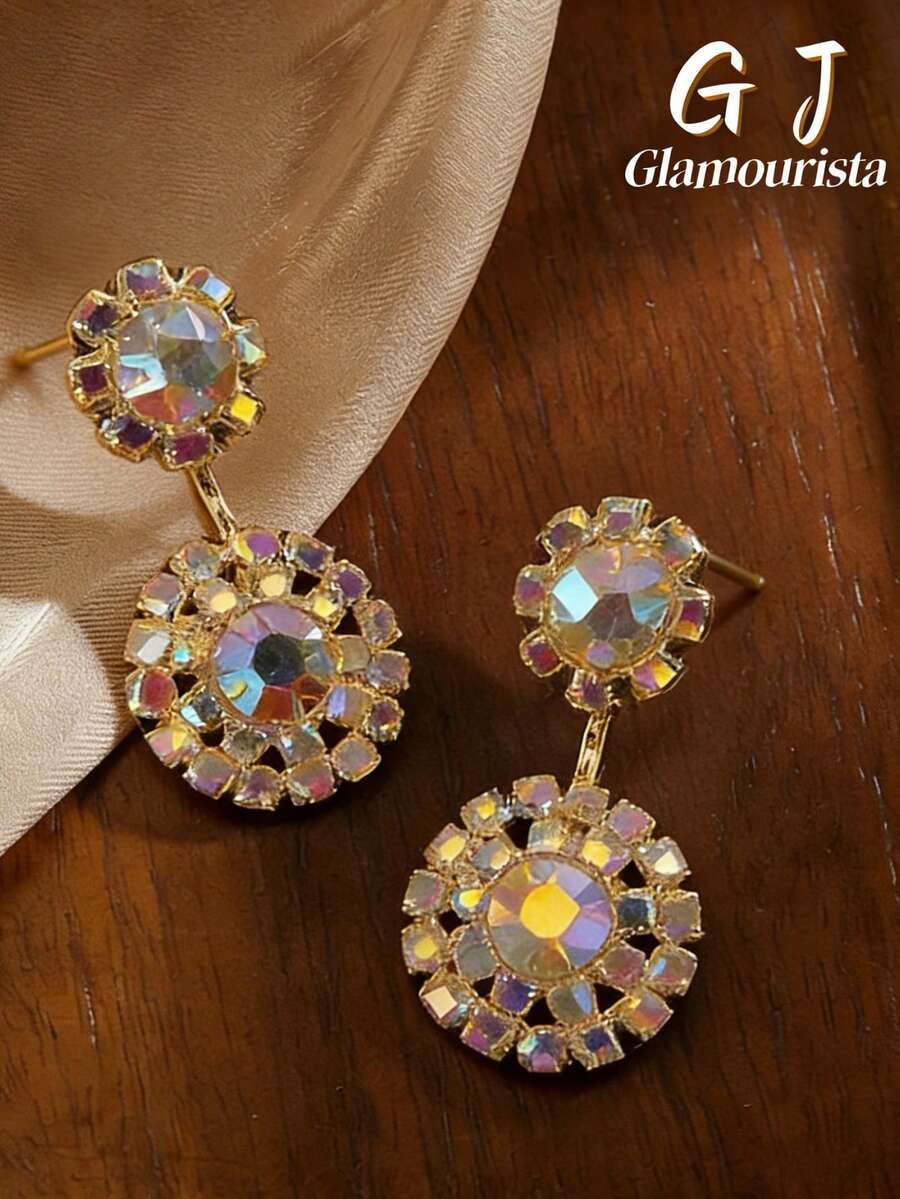 1 Pair Luxury Fashion Elegant Versatile Rhinestone Geometric Round Dangle Earrings, Suitable For Women's Daily And Holiday Wear - Round - View 1
