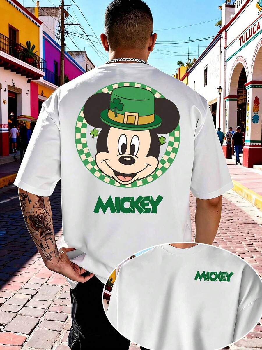 Disney Limited Edition Mickey Mouse T-Shirt For St. Patrick's Day. Casual, Loose-Fitting, Unisex Crew Neck Short-Sleeved Top. Made Of Comfortable And Soft Pure Cotton, Suitable For Holiday Outings, Parties, And Commuting. - 白色 - 查看 1