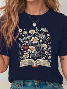 Fashionable Versatile Printed Short Sleeve Women's T-Shirt, Women's Casual Charming Floral Pattern Round Neck Plain T-Shirt Top Summer - Navy Blue - View 3