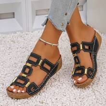 Large Solid Color Slippers For Women, New Fish Mouth, Thick Sole, Fashionable Belt Buckle, One Line Cool Slippers, Beach Item - 黑色 - 查看 2