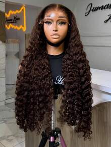 32 34 Inches Long Curly Human Hiar Wigs Chocolate Brown Colored 200% Density 13*4 HD Transparent Lace Frontal Wigs Deep Wave Brazilian Pre Plucked With Baby Hair #4 Coloed Lace Front Human Hair Wigs For Women - S4 - Xem 2