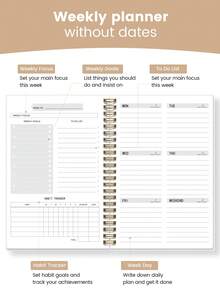 1本无日期周计划本，简约52周每日计划笔记本，带习惯追踪器、每日待办事项和每周目标，粉色笔记本，适用于办公室、学校和个人使用，办公桌适用。 - A5卡其色計劃本 - 查看 5