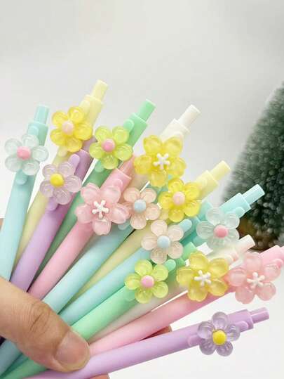 6pcs/Set Colorful Flower Push-Button Black Ballpoint Pens, Retractable Neutral Pens, Creative Student Office Stationery