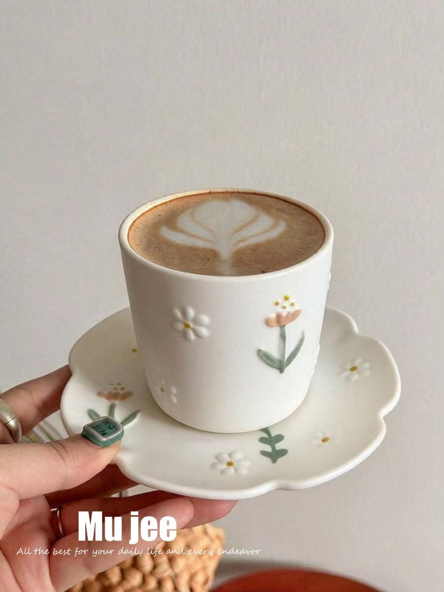 240毫升陶瓷花卉浮雕冰茶杯带碟，独特手持杯，中号咖啡杯，茶杯，家用水杯，返校礼品套装 - 彩色 - 查看 1