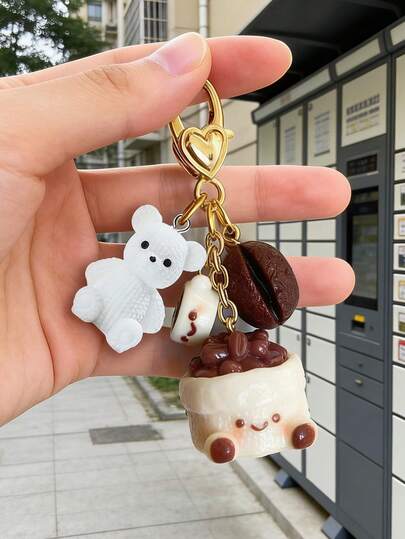 1个可爱咖啡豆泰迪熊钥匙扣，咖啡豆袋吊坠，时尚配饰，咖啡杯造型钥匙扣，家居钥匙链，包包装饰，耳机吊坠，手机壳吊坠，汽车钥匙链或包包挂饰，趣味设计，理想的节日礼物，生日礼物，咖啡爱好者礼物，派对小礼物