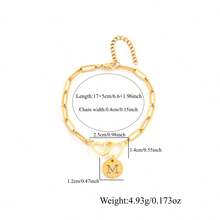 1pc Classic Fashion Round Initial Double Heart Pendant Golden Stainless Steel Paper Clip Chain Bracelets For Women - Yellow Gold - View 2