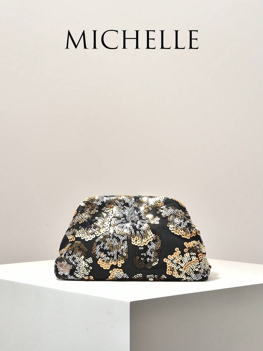 Sequin Embroidered Floral Women Clutch Bag, Elegant For Party, Ball, Wedding Accessories - Multicolor - View 1