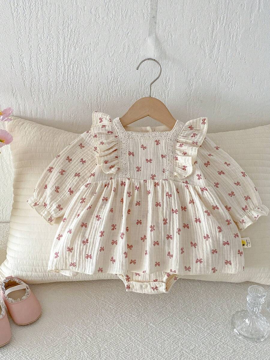 Đầm liền thân in nơ cho bé gái mùa xuân, dễ thương. - Màu be - Xem 1