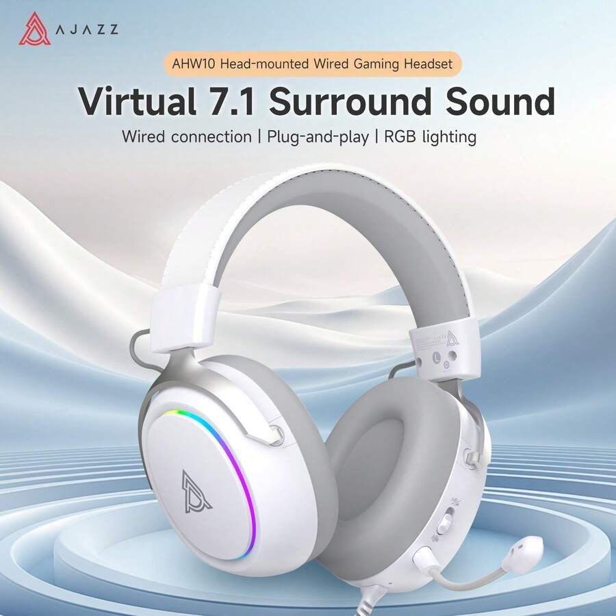 AJAZZ AHW10 Wired Gaming Headset, Virtual 7.1 Surround Sound For Precise Positioning, Wired Connection, RGB Lighting, Adjustable Metal Headband, High-Performance (Freely Adjustable Via Web Driver) - View 1