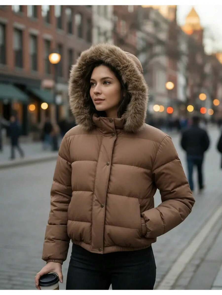 Women's Winter Jacket With Lined Puffer Hood And Fleece Lining - 鏽棕色 - 查看 1