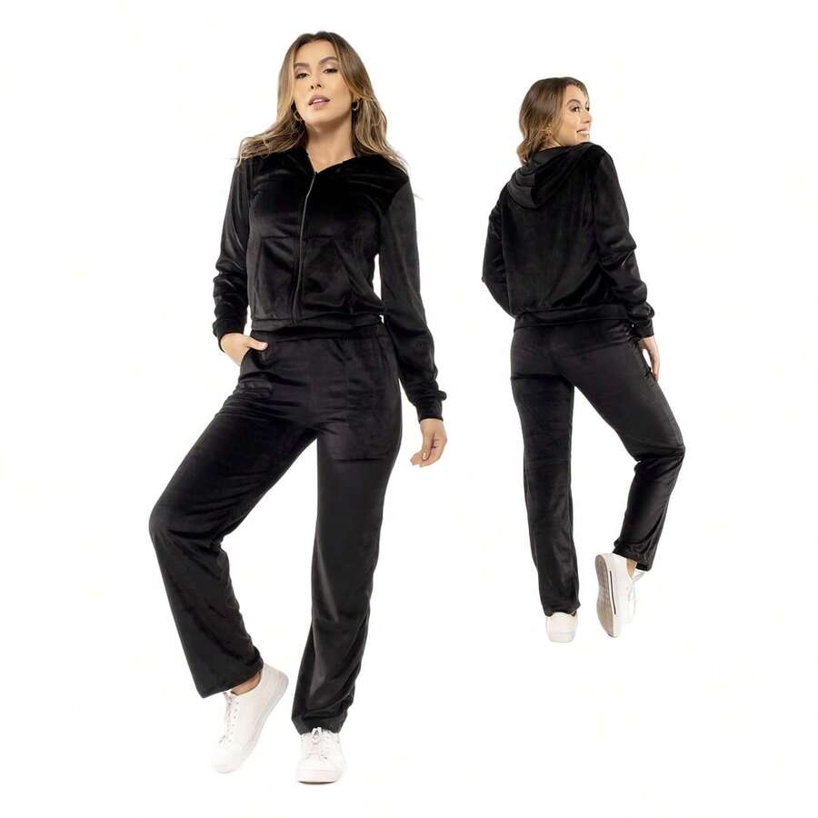 Promotion Velvet Plush Sets Blouse With Zipper And Hat Basic Pants IN-Con-001 - 黑色 - 查看 1