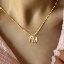 1件新款经典字母十字架吊坠金色不锈钢珠人字纹链项链，女士款 - 金黃色 - 查看 1