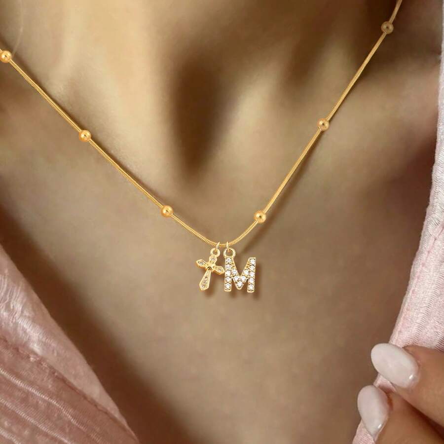 1件新款经典字母十字架吊坠金色不锈钢珠人字纹链项链，女士款 - 金黃色 - 查看 1