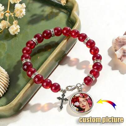 Customized Photo Bracelet Customized Picture LOOG Pendant Cross Pendant Boyfriend Gift Father's Day Gift Practical Birthday Gift For Girlfriend's Mother Best Friend Wedding Souvenir Valentine's Day Mother's Day Anniversary Surprise High-End Faux Pearl DIY Handmade Jewelry Practical And High-End For Wife, Best Friends And Sisters With Gift Box Packaging Best Friend Bracelet Jewelry New Light Luxury Niche Anniversary Gift