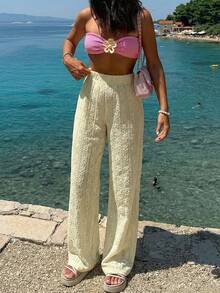 Women's Textured Yellow Loose Vacation Pants, Casual Loose Vacation Pants For Daily And Holiday Wear, Spring/Summer - Yellow - View 3