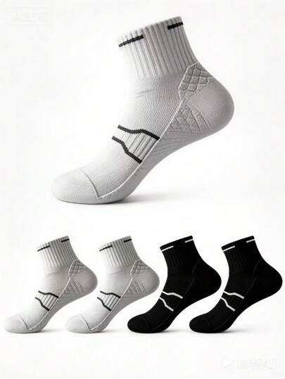 4 Pairs Women's Black & White Combination Casual Fashion Sports Style Socks, High Elasticity Waistband, Terry Cloth Bottom, Rubber Anti-Slip Strip, Breathable Knit Fabric, Suitable For Year-Round Wear, Unisex Design For Sports And Basketball Training, Ideal For Daily Outdoor Activities