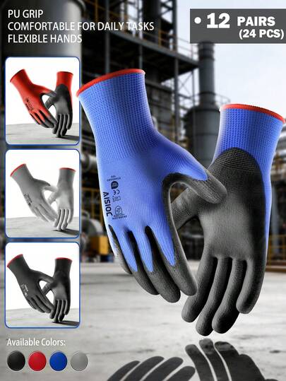 (12 Pairs/24 Pcs) Safety Work Gloves PU Coated , Seamless Knit Work Gloves For Men And Women, Smooth Grip And Breathable, For Warehouse Packaging Handling, Construction, Gardening