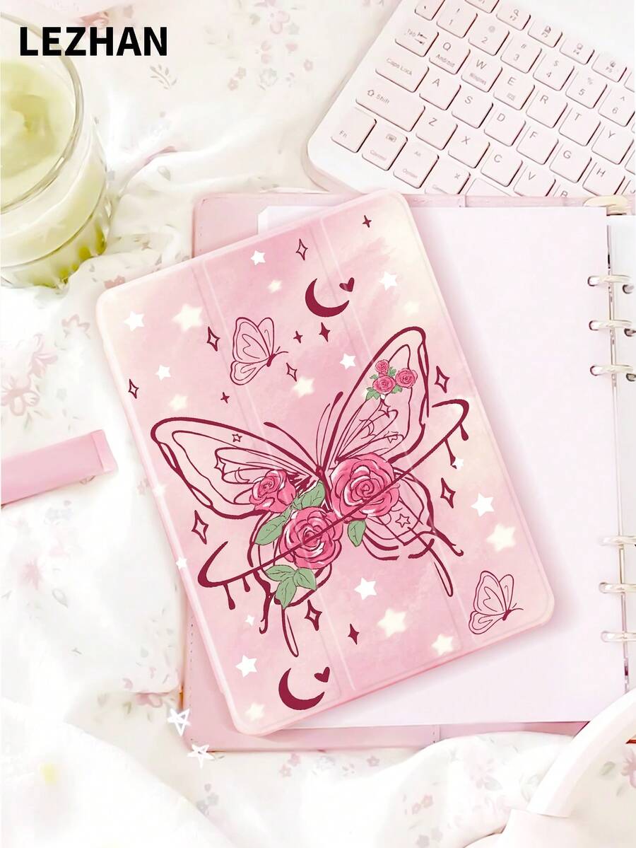 梦幻渐变蝴蝶玫瑰印花平板电脑保护套，带笔槽，防震，三折支架，兼容10.2英寸、11英寸（2021/2020/第十代）、（A16）11英寸（第十一代/2025）、第八/第九/第十代、Galaxy Tab A8 10.5英寸（2022）、Matepad 10.4英寸/Tab，带睡眠/唤醒功能，浪漫个性化礼物 - 彩色 - 查看 1