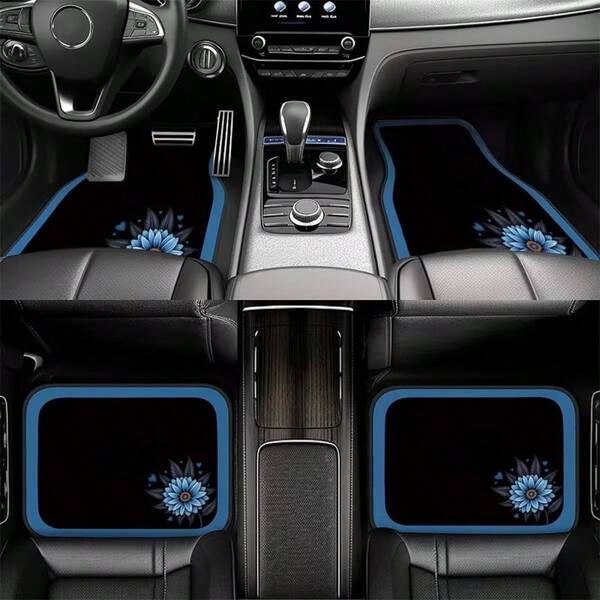 4pcs Car Floor Mats With Pale Blue Daisy Heart Design - Perfect Gift For Men/Women - Easy To Clean Car Interior Accessories - Stylish Appearance, Fit For Sedan, Truck And SUV - Suitable For All Seasons, Ideal Choice For Car Enthusiasts, Made Of High-Quality Materials, Perfect For Sedan And SUV Owners