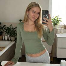 Women's Spring Autumn Lace Trim Blouses Long Sleeve Square Neck Slim  Party Tops - màu xanh lá cây nhạt - Xem 5