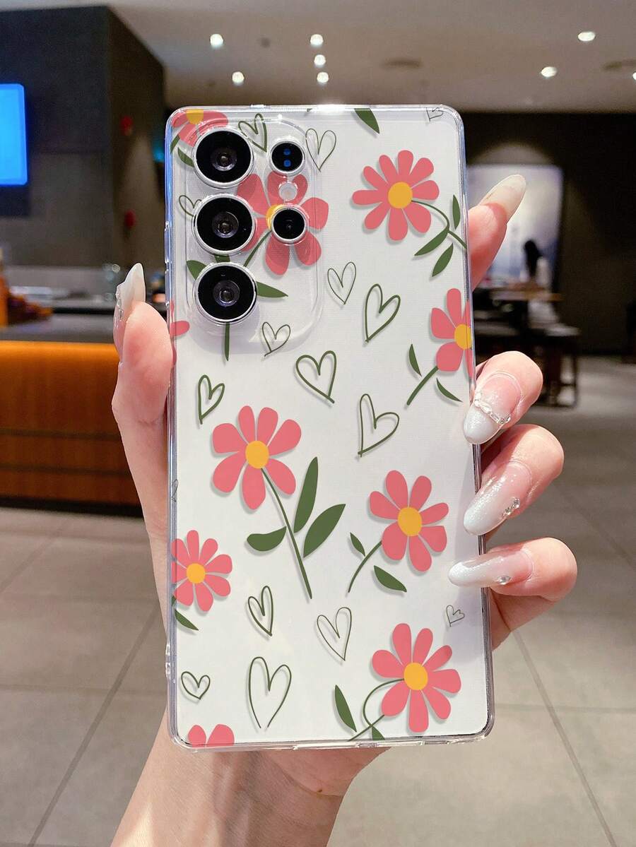 1pc Heart Flower Print Pattern Android Phone Case, Precise Cutout Camera Protection Suitable For Samsung Galaxy S25 Ultra/Galaxy S24 Ultra/S24/S23 Ultra/A56 5G/A55 5G/A52s 5G/A26 5G, Nothing, Pixel, Protective Cover - Clear - View 1