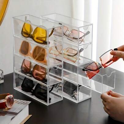 Modern Clear Desk Organizer With Drawer - Perfect For Fashion Glasses, Transparent Acrylic Organizers For Glasses, Cosmetics & Lipstick | Dust-Proof Storage Solution, Featuring 4 Drawers Suitable For Bathroom, Dormitory, Desk, Countertop, Or Office Use, Cute Office Supplies, Separate Compartments, Gift