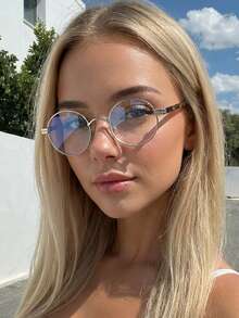 1 Pair Women's Silver Round Metal Frame Leopard Print Temples Contrast Retro Clear Glasses - Silver - View 1