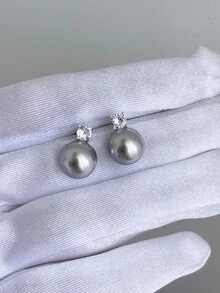 High Quality Handmade Earrings, Button Pearl Earrings, 925 Sterling Silver Plated Columnar Earrings With Cubic Zirconia, Hypoallergenic Pearl Earrings, Bridal Wedding, Birthday Gift For Women - Silver - View 7
