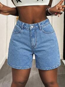 Women's Solid Color Versatile Loose Straight Bermuda Denim Shorts, Blue Casual - 中等水洗藍 - 查看 2