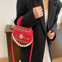 1pc Handmade Woven Punk Style Black & White Plaid Shoulder Bag, Chain Crossbody Bag, Versatile Artistic Handbag, Detachable Chain, Large Capacity Square Bag, Suitable Gift For Girlfriend Or Best Friend - Multicolor - View 3