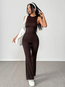 1pc Solid Color Sleeveless Jumpsuit, Slim Fit New Stylish Sportswear Flared Jumpsuit - Brown - View 4