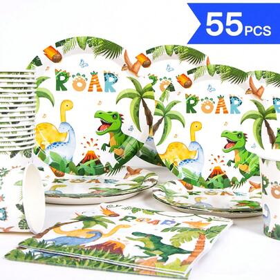Assiettes, serviettes, gobelets jetables sur le thème des dinosaures, ensemble de fournitures jetables pour une fête, convient pour 10 invités. Vaisselle jetable en papier pour anniversaire, mariage, fête à thème, pique-nique en famille