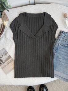 Summer New Old Money Style V-Neck Notched Collar Ribbed Knit Top – Slim Fit Ice Silk Blouse For Women - Dark Grey - View 9