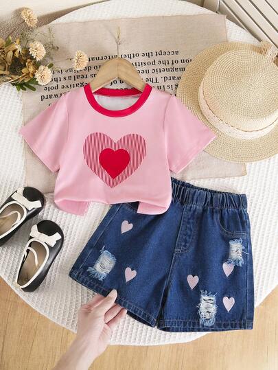 2pcs/Set Toddler Girls' Casual Heart Print T-Shirt And Distressed Embroidered Heart Denim Shorts Set, Cute And Comfortable Outfit