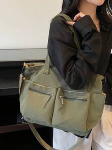 1个绿色多口袋实用手提包，简约时尚轻便大容量女士单肩包，学院风设计，适合中小学生/大学生，拉链封口休闲手提包，百搭纯色手提包，易于搭配各种服装，适合通勤和旅行 - 墨綠色 - 查看 6