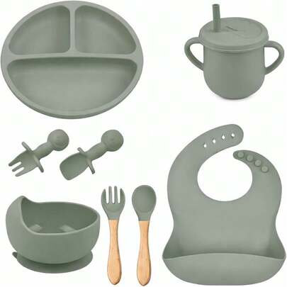 Kit de Introdução alimentar 8 peças Bebê Silicone Prato Babador Copo