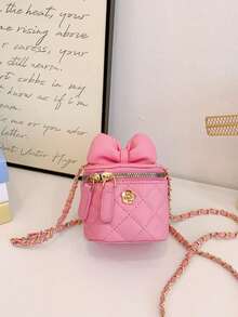 1pc Multi-Color Quilted Metallic Accent Bow Decor Shiny PU Leather Mini Structured Zipper Closure Crossbody Bag, Sweet Girl Style For Daily & Commute - Multicolor - View 14