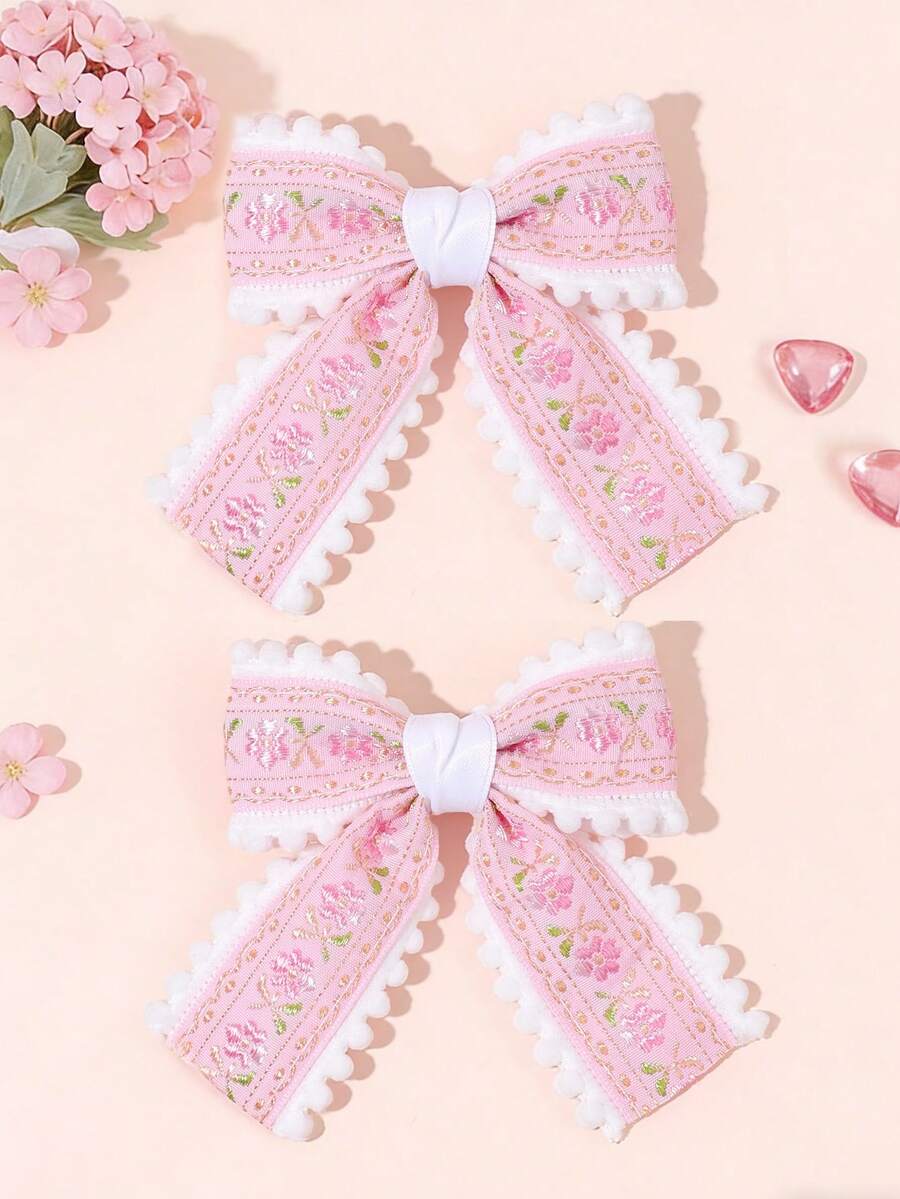 2pcs/Set Girls Pink Floral Embroidery Bow Hair Clips, Suitable For Spring/Summer Daily Wear, Teenage Hair Accessories - Multicolor - View 1
