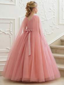 少女无袖仿珍珠串珠薄纱优雅长款派对礼服，适合花童、婚礼、生日、舞会、毕业典礼等场合，仿珍珠串珠随机装饰，不含发带。 - 藕粉色 - 查看 5