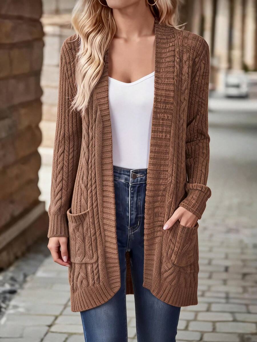 Cardigan de Punto para Mujer Marrón, Tramas de Cable, Ligero y Transpirable, Abrigo de Punto para Viajes y Otoño - Marrón - Ver 1