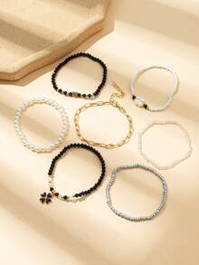 7件套时尚仿珍珠玻璃珠四叶草心形花朵串珠手链套装，适合日常、约会、派对等场合。 - 彩色 - 查看 2