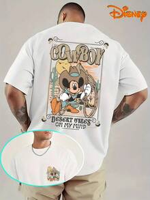 Disney Men's Casual T-Shirt, Cowboy Mickey Desert Print, Retro Western Design, Oversized Fit, Ideal For Adventure Style - 白色 - 查看 1