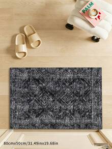 1pc Vintage-Style Geometric Pattern Decorative Rug/Mat, Faux Wool Fabric, Low Pile, Soft & Foldable, Machine Washable, Suitable For Living Room, Bedroom, Study, All Seasons, Pet-Friendly - Black - View 14